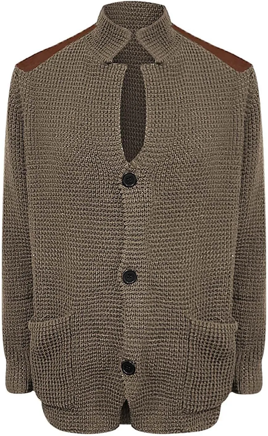 Mens Knitted Cardigan Sweater Stand Collar Chunky Coats Vintage Button Down Thermal Suit Jacket Outwear with Pockets