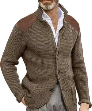 Mens Knitted Cardigan Sweater Stand Collar Chunky Coats Vintage Button Down Thermal Suit Jacket Outwear with Pockets