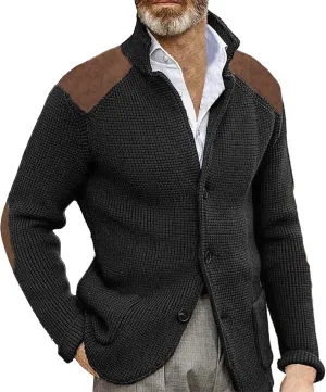Mens Knitted Cardigan Sweater Stand Collar Chunky Coats Vintage Button Down Thermal Suit Jacket Outwear with Pockets