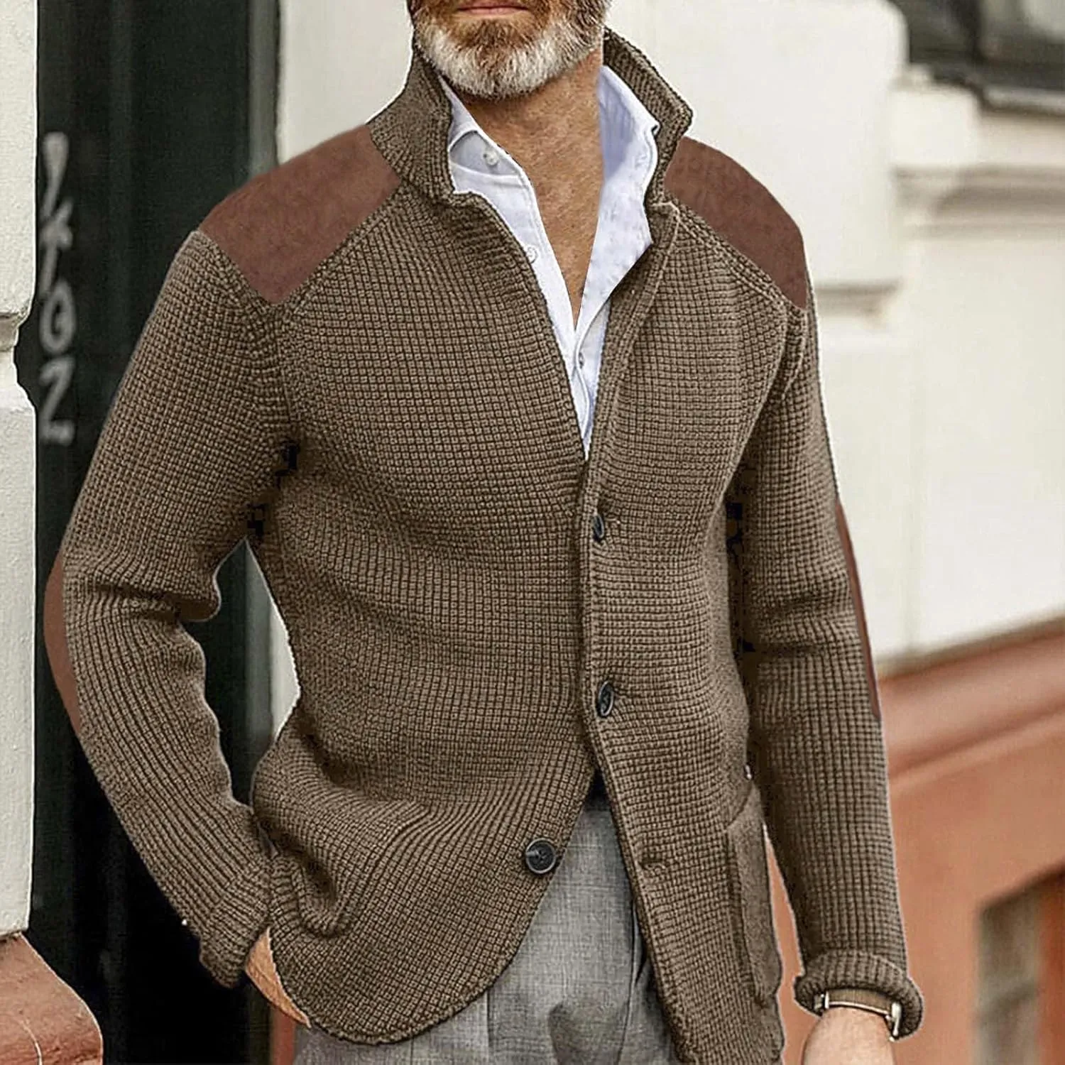 Mens Knitted Cardigan Sweater Stand Collar Chunky Coats Vintage Button Down Thermal Suit Jacket Outwear with Pockets