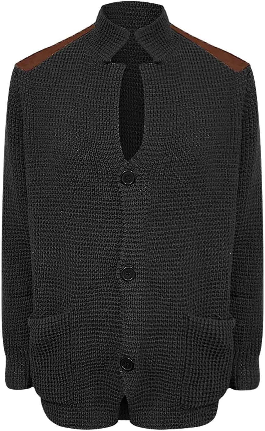 Mens Knitted Cardigan Sweater Stand Collar Chunky Coats Vintage Button Down Thermal Suit Jacket Outwear with Pockets