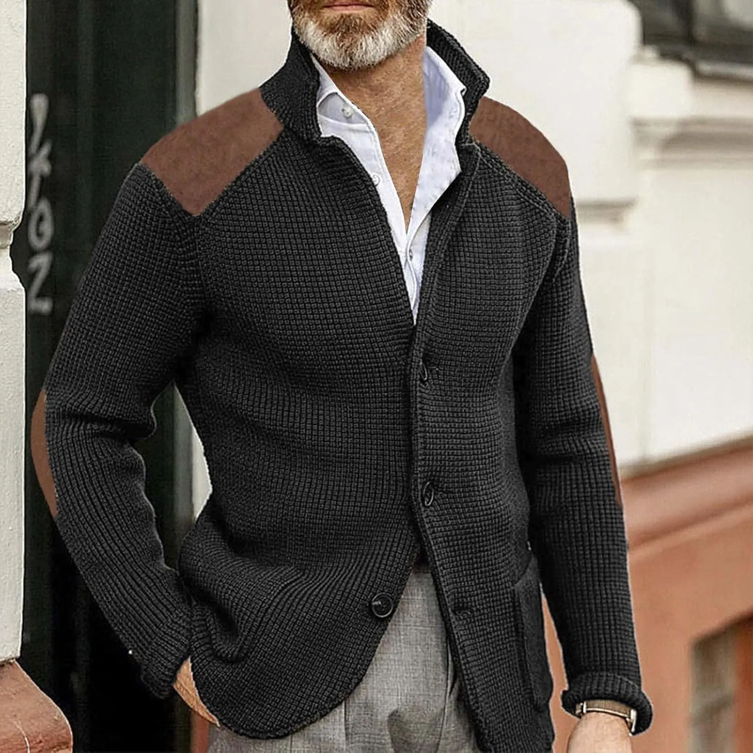 Mens Knitted Cardigan Sweater Stand Collar Chunky Coats Vintage Button Down Thermal Suit Jacket Outwear with Pockets