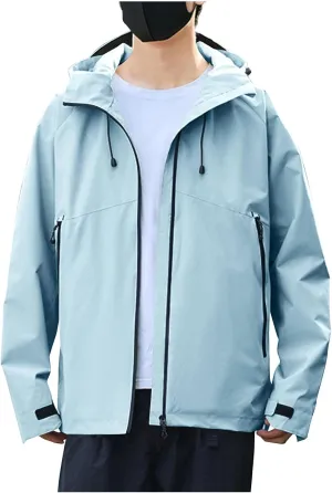 Mens Lightweight Softshell Rain Jackets Solid Drawstring Long Sleeve Raincoats Pockets Fall Waterproof Windbreaker