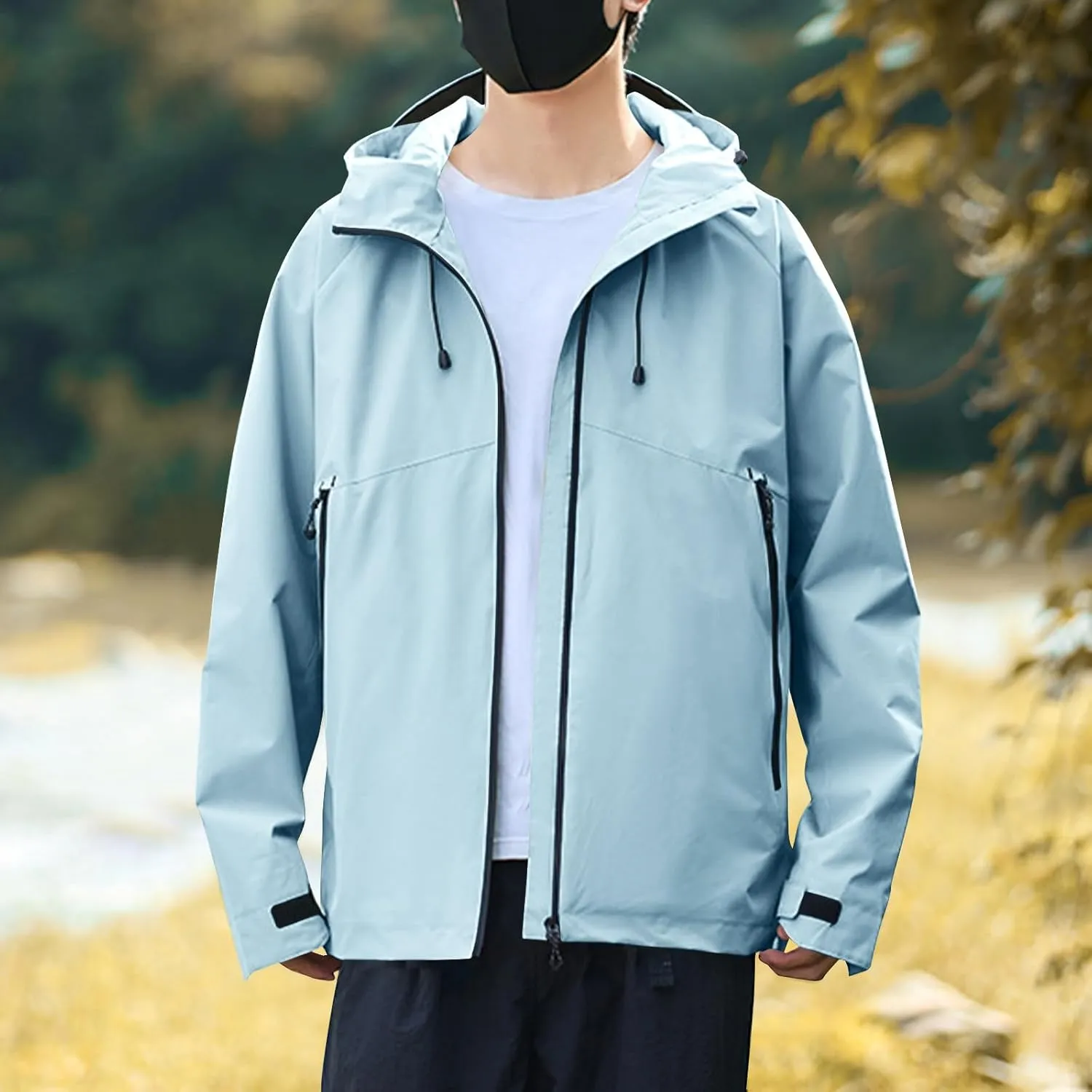 Mens Lightweight Softshell Rain Jackets Solid Drawstring Long Sleeve Raincoats Pockets Fall Waterproof Windbreaker