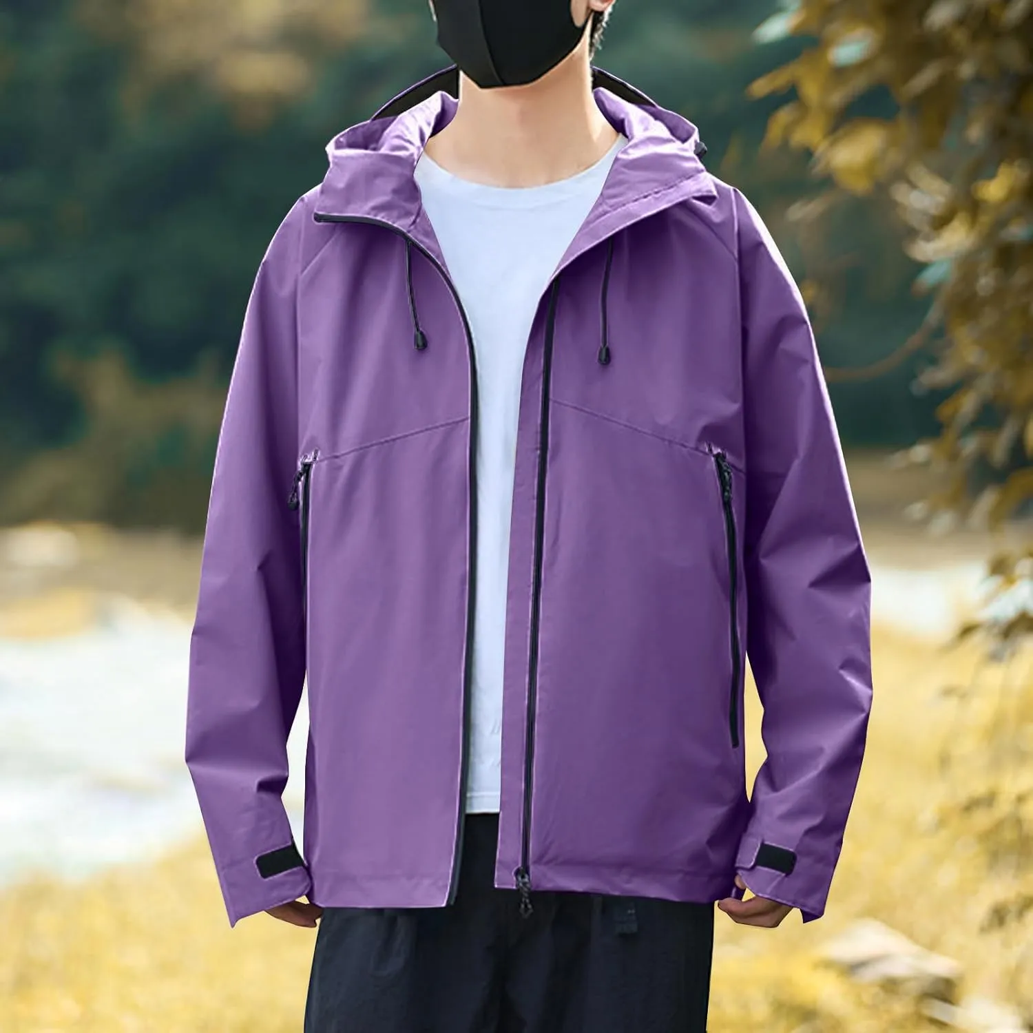 Mens Lightweight Waterproof Rain Jackets Windproof Hooded Raincoat for Hiking Cycling Travel Breathable Windbreaker