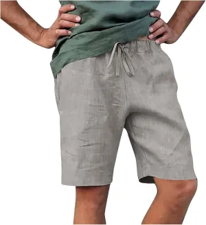 Mens Linen Shorts Casual Elastic Waist Drawstring Lightweight Summer Beach Golf Shorts with Pockets