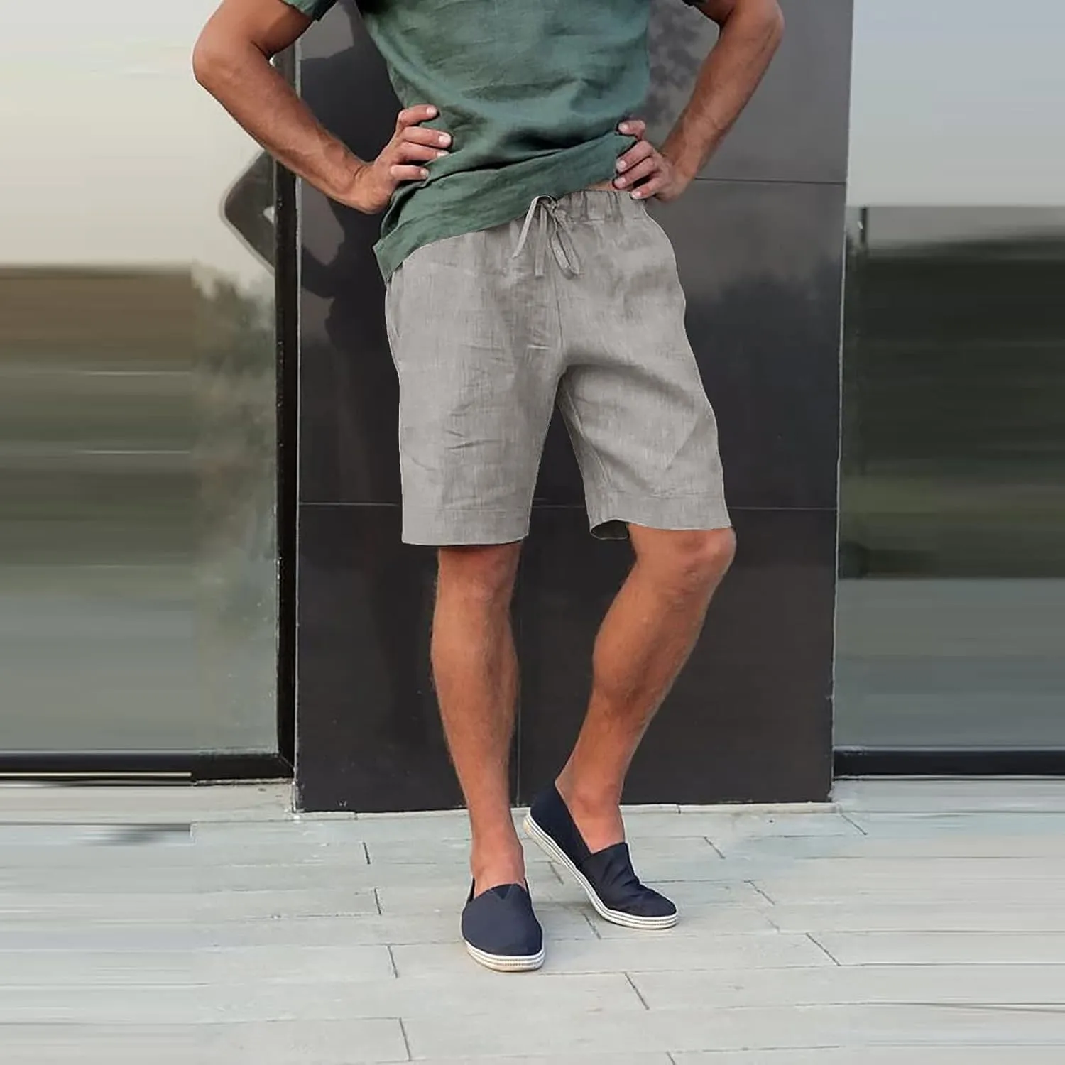 Mens Linen Shorts Casual Elastic Waist Drawstring Lightweight Summer Beach Golf Shorts with Pockets