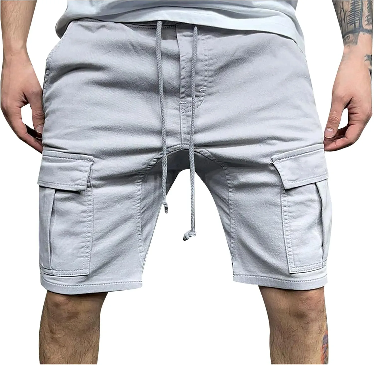 Mens Lounge Shorts Drawstring Multi Pockets Cargo Shorts Stylish Slim Fit Elastic Waist Solid Work Tooling Shorts