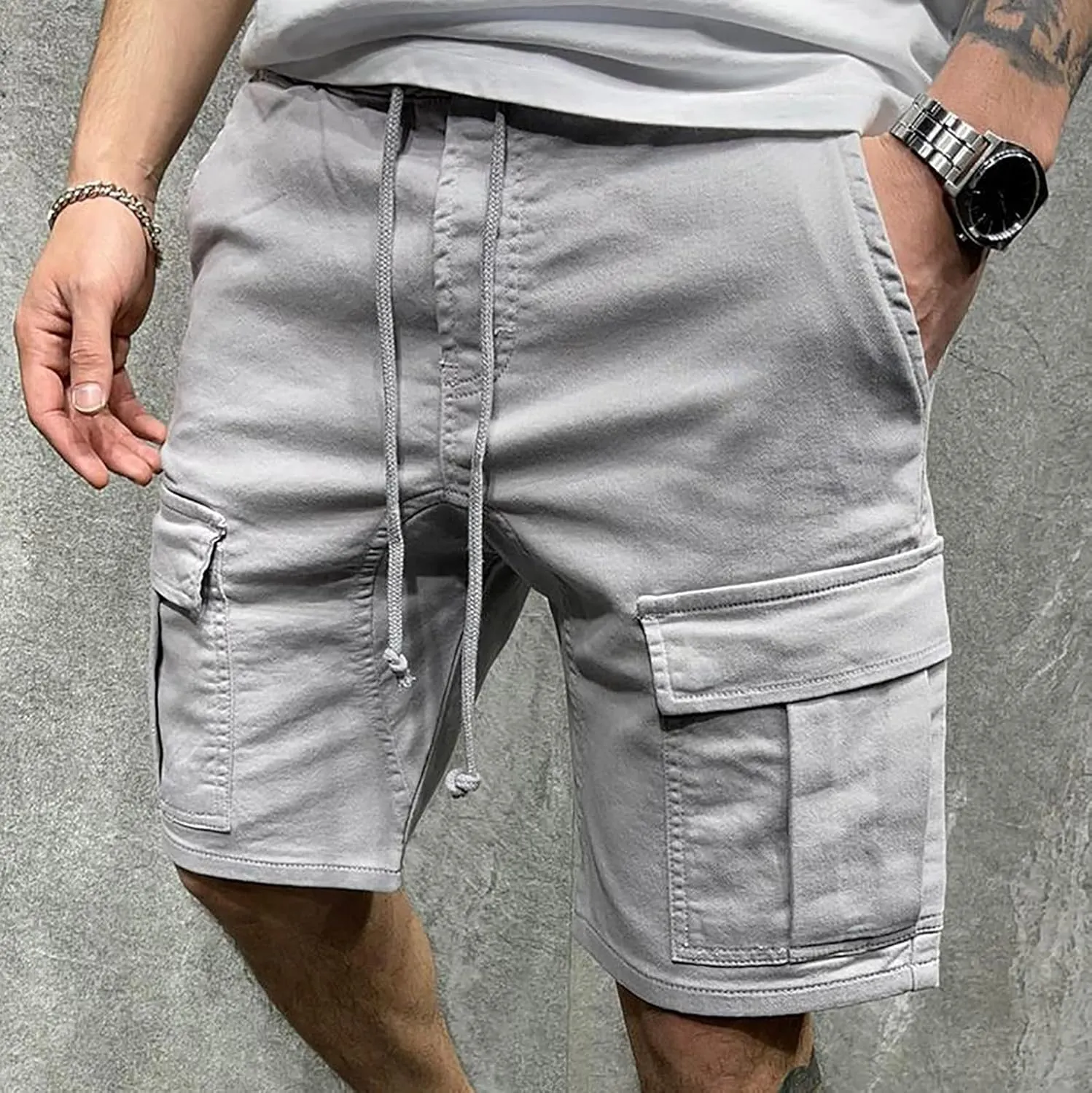 Mens Lounge Shorts Drawstring Multi Pockets Cargo Shorts Stylish Slim Fit Elastic Waist Solid Work Tooling Shorts