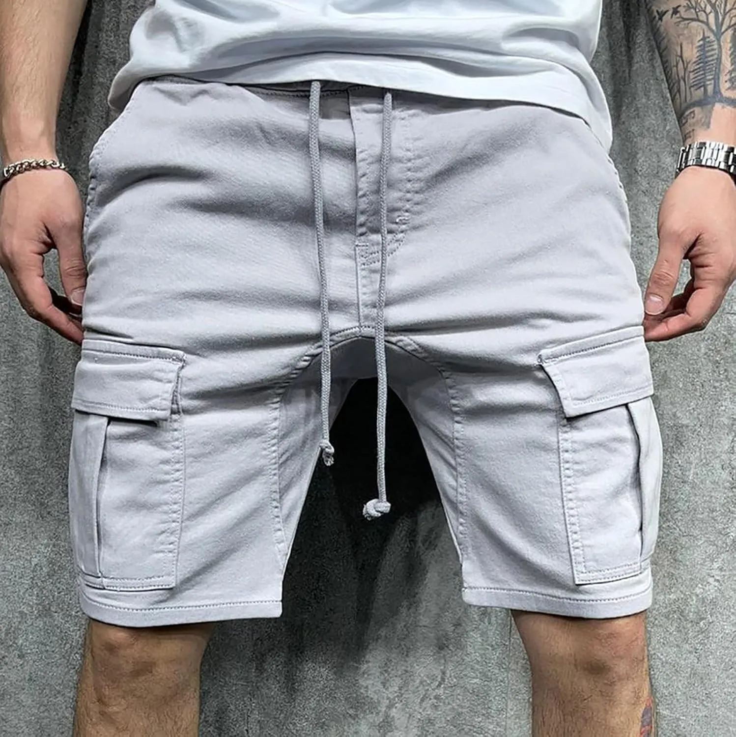 Mens Lounge Shorts Drawstring Multi Pockets Cargo Shorts Stylish Slim Fit Elastic Waist Solid Work Tooling Shorts