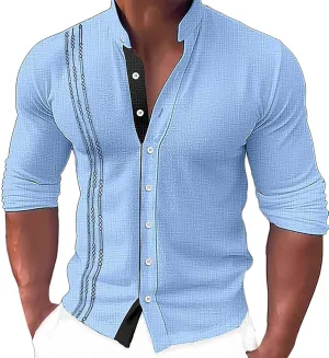 Men's Muscle Fit Dress Shirts Stretch Cuban Guayabera Shirt Casual Button Down Shirt Stretch Wrinkle Free Tops