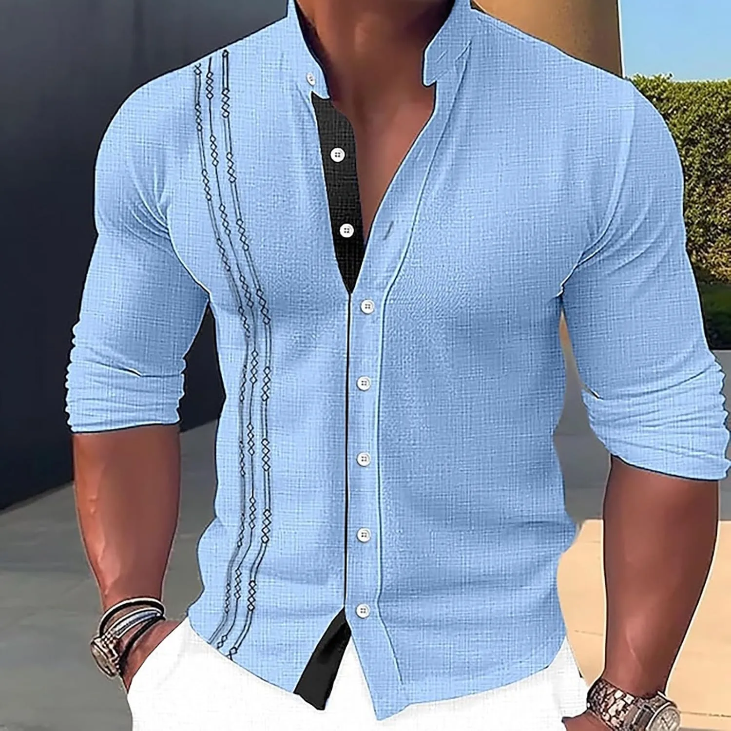 Men's Muscle Fit Dress Shirts Stretch Cuban Guayabera Shirt Casual Button Down Shirt Stretch Wrinkle Free Tops