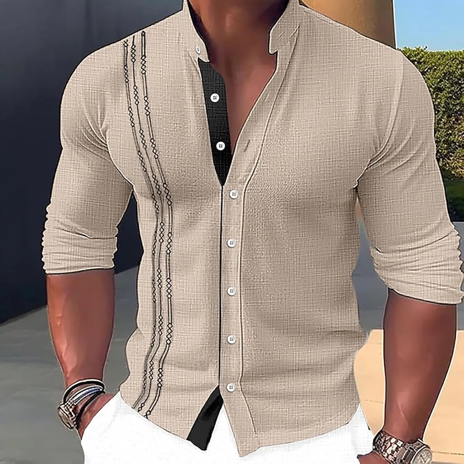Men's Muscle Fit Dress Shirts Stretch Cuban Guayabera Shirt Casual Button Down Shirt Stretch Wrinkle Free Tops