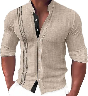 Men's Muscle Fit Dress Shirts Stretch Cuban Guayabera Shirt Casual Button Down Shirt Stretch Wrinkle Free Tops