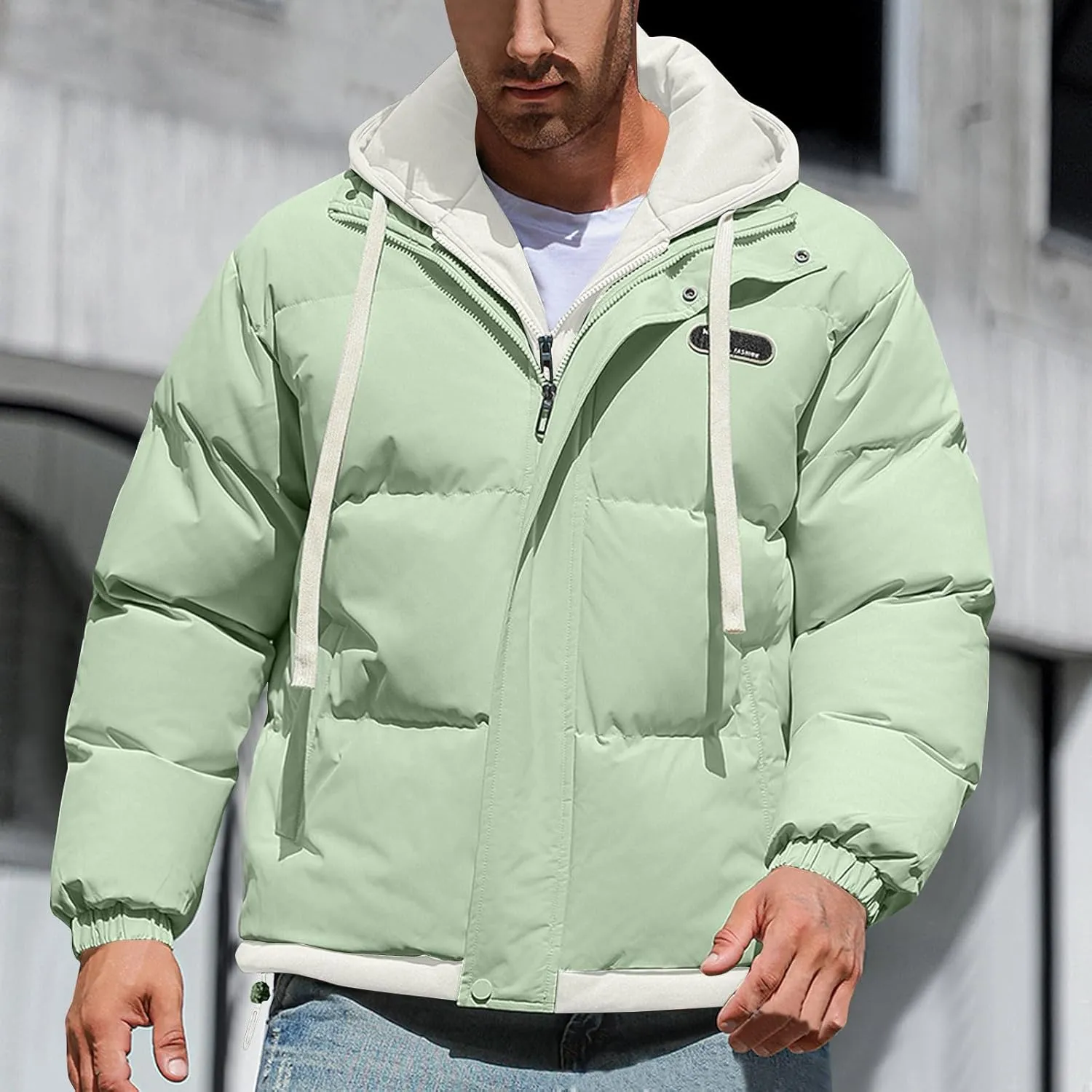 Mens Puffer Jacket Zip up Padded Coat Hooded down Coat Quilted Insulated Jacket Windproof Winter Jacket Thermal Outwear