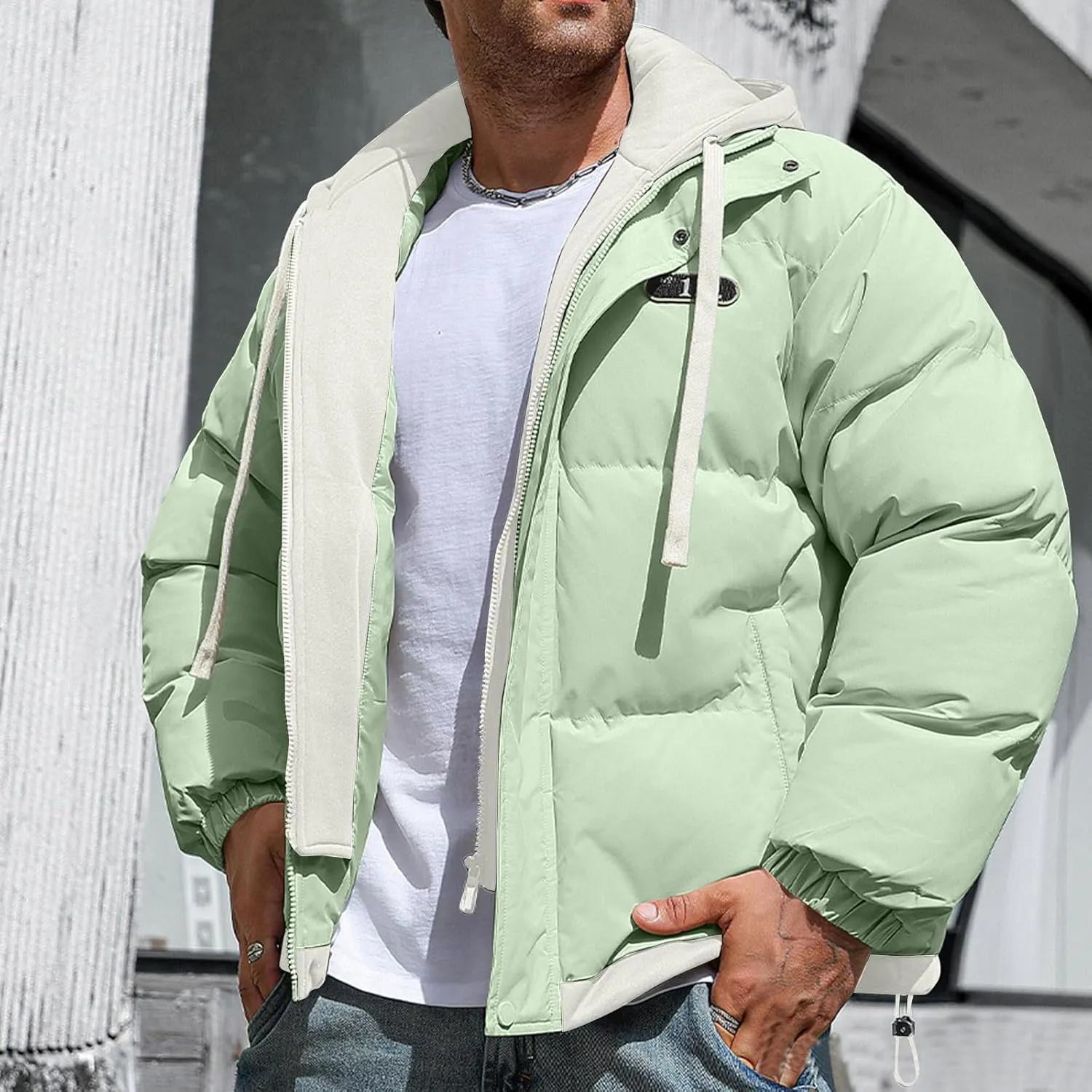 Mens Puffer Jacket Zip up Padded Coat Hooded down Coat Quilted Insulated Jacket Windproof Winter Jacket Thermal Outwear