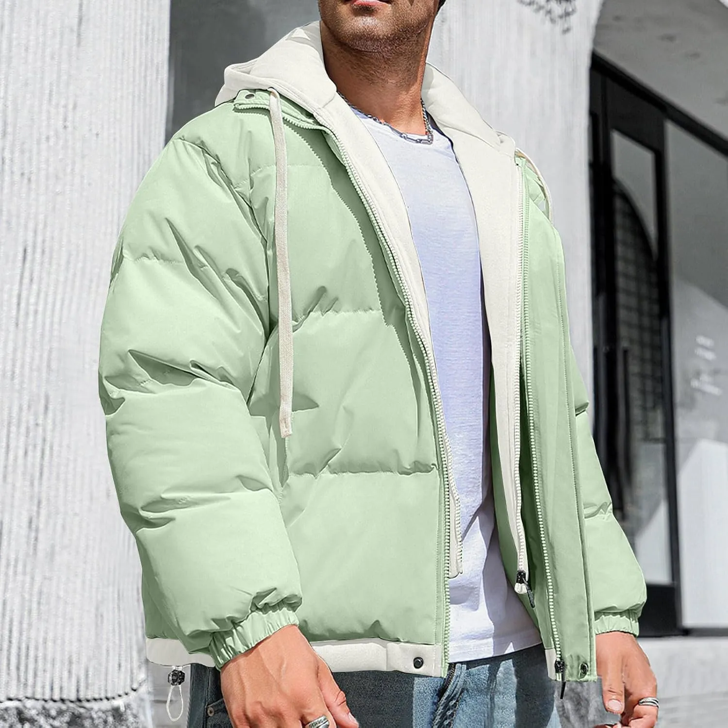 Mens Puffer Jacket Zip up Padded Coat Hooded down Coat Quilted Insulated Jacket Windproof Winter Jacket Thermal Outwear