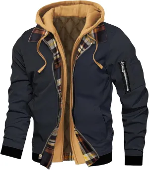 Mens Quilted Jacket Casual Zipper Thicken Winter Coat Plaid Puffer Jackets Hooded Thermal Outdoor Warm Coats Pockets