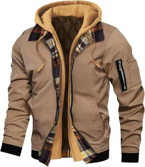 Mens Quilted Jacket Casual Zipper Thicken Winter Coat Plaid Puffer Jackets Hooded Thermal Outdoor Warm Coats Pockets