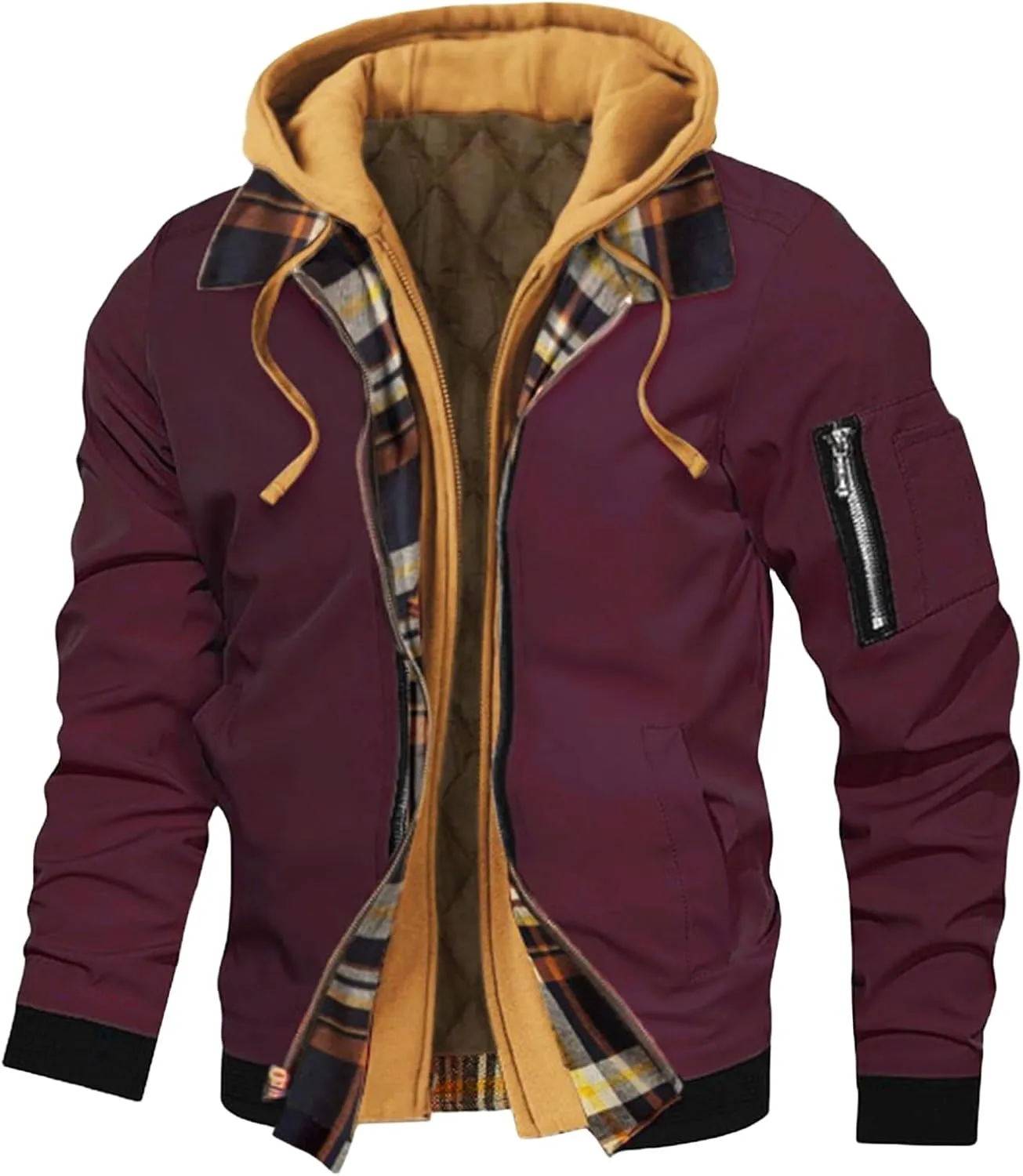 Mens Quilted Jacket Casual Zipper Thicken Winter Coat Plaid Puffer Jackets Hooded Thermal Outdoor Warm Coats Pockets