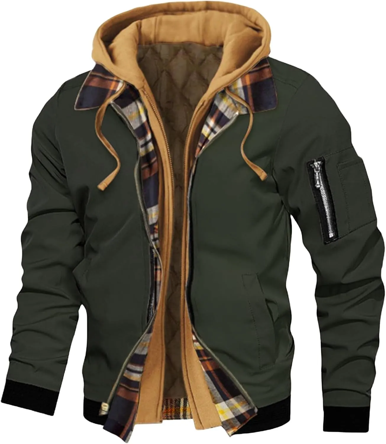 Mens Quilted Jacket Casual Zipper Thicken Winter Coat Plaid Puffer Jackets Hooded Thermal Outdoor Warm Coats Pockets