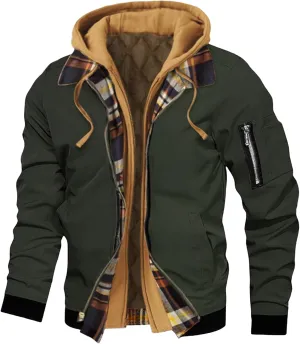 Mens Quilted Jacket Casual Zipper Thicken Winter Coat Plaid Puffer Jackets Hooded Thermal Outdoor Warm Coats Pockets