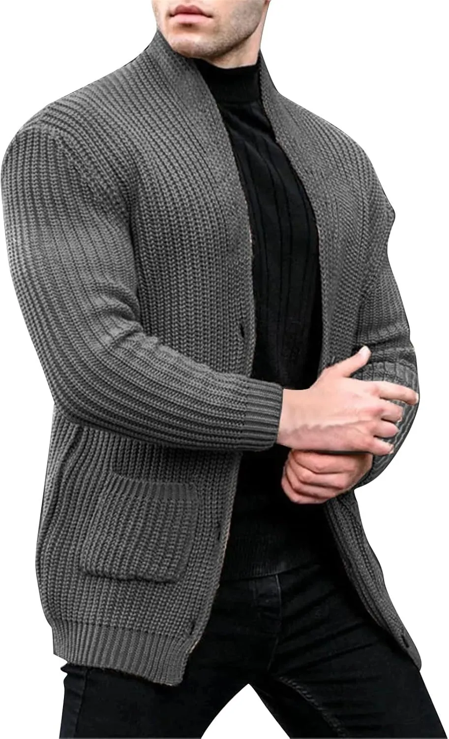 Men's Shawl Collar Cardigan Sweater Slim Fit Cable Knit Button Up Cardigan Sweater with Pockets Men Workout Outfits