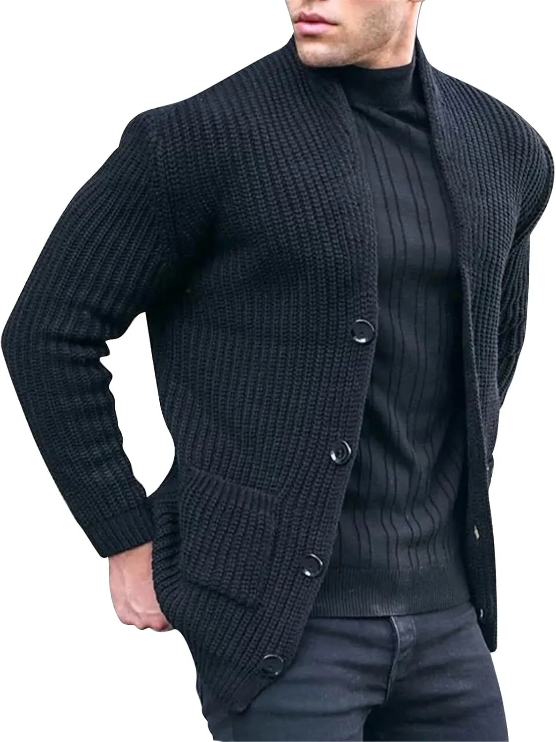 Men's Shawl Collar Cardigan Sweater Slim Fit Cable Knit Button Up Cardigan Sweater with Pockets Men Workout Outfits