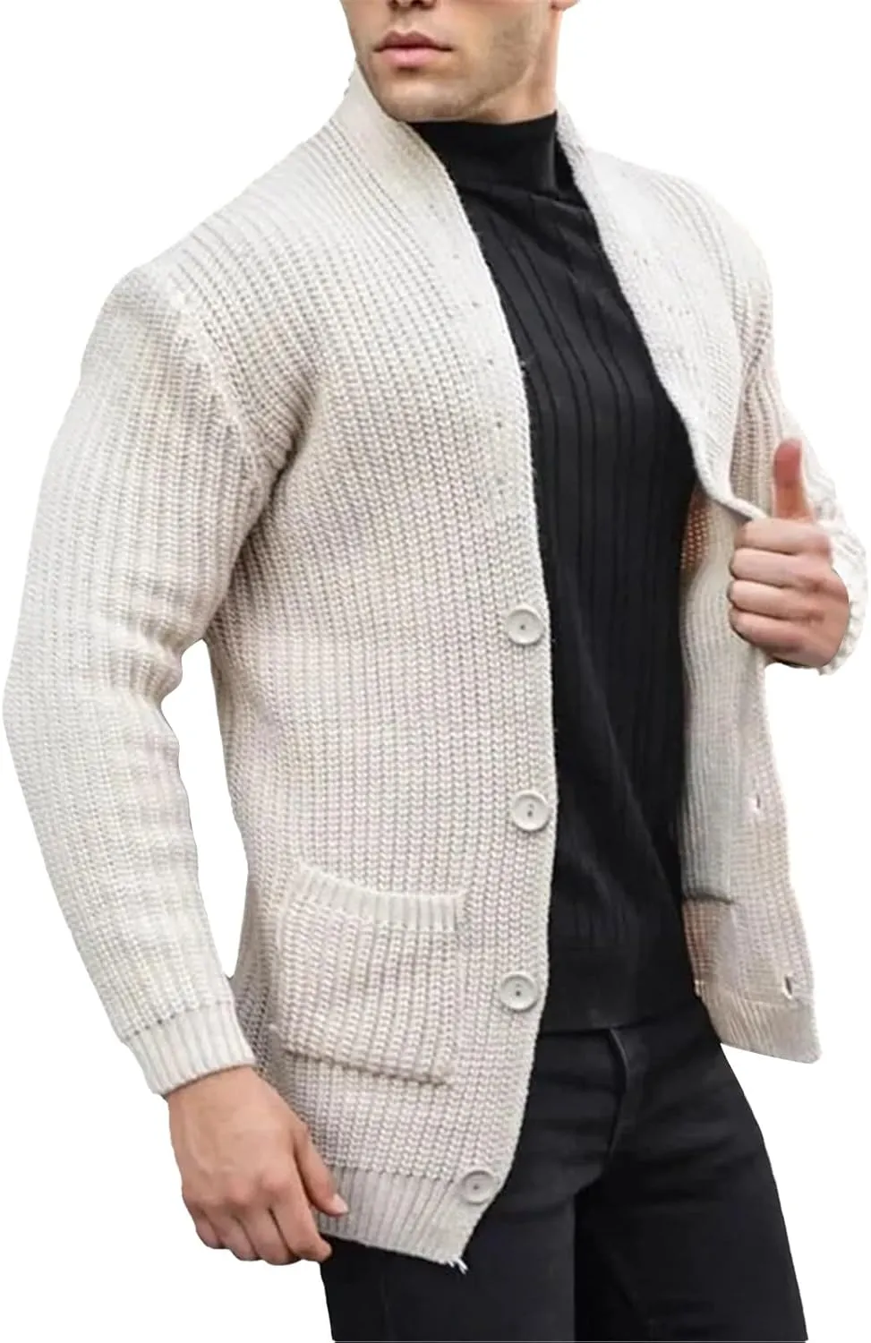 Men's Shawl Collar Cardigan Sweater Slim Fit Cable Knit Button Up Cardigan Sweater with Pockets Men Workout Outfits