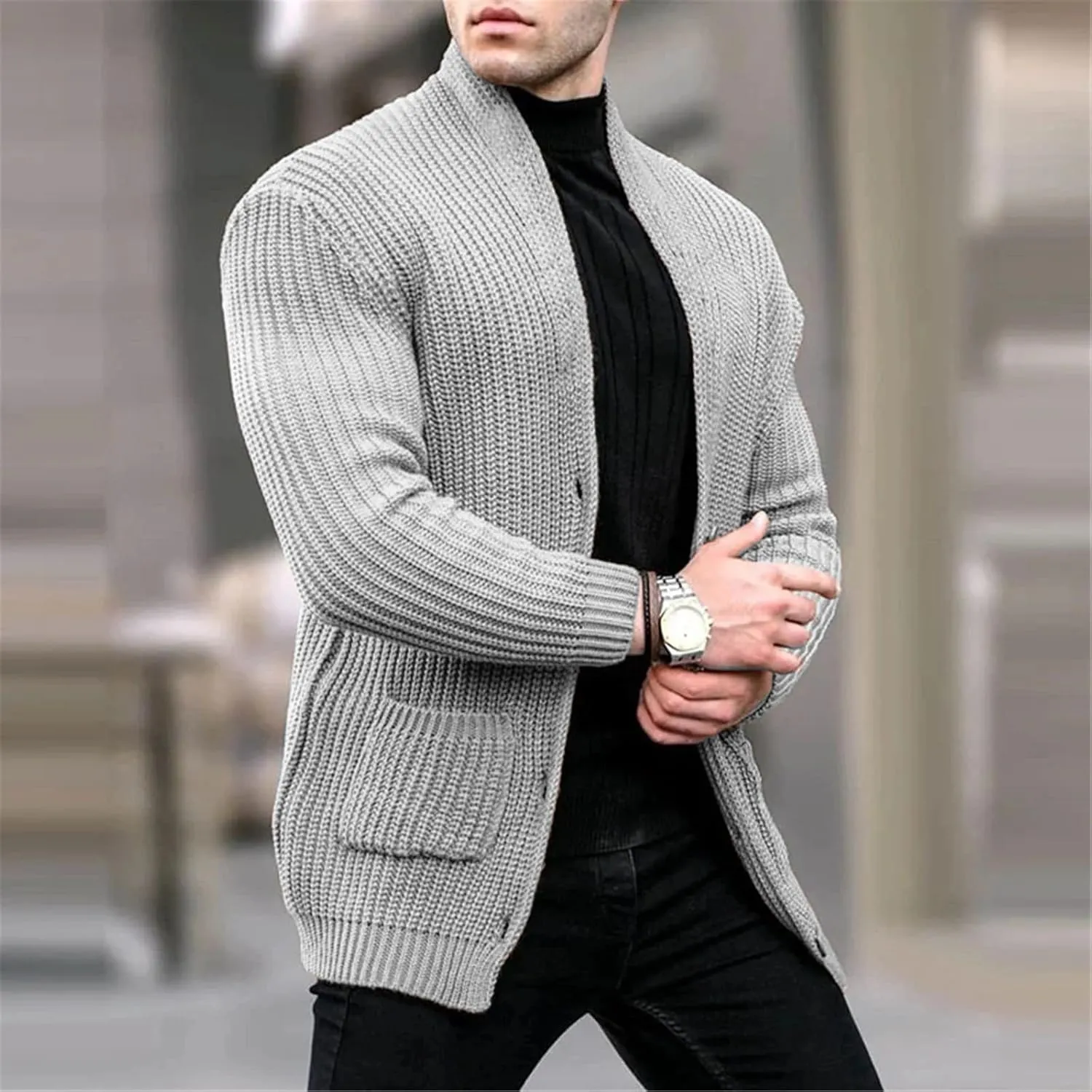 Men's Shawl Collar Cardigan Sweater Slim Fit Cable Knit Button Up Cardigan Sweater with Pockets Men Workout Outfits