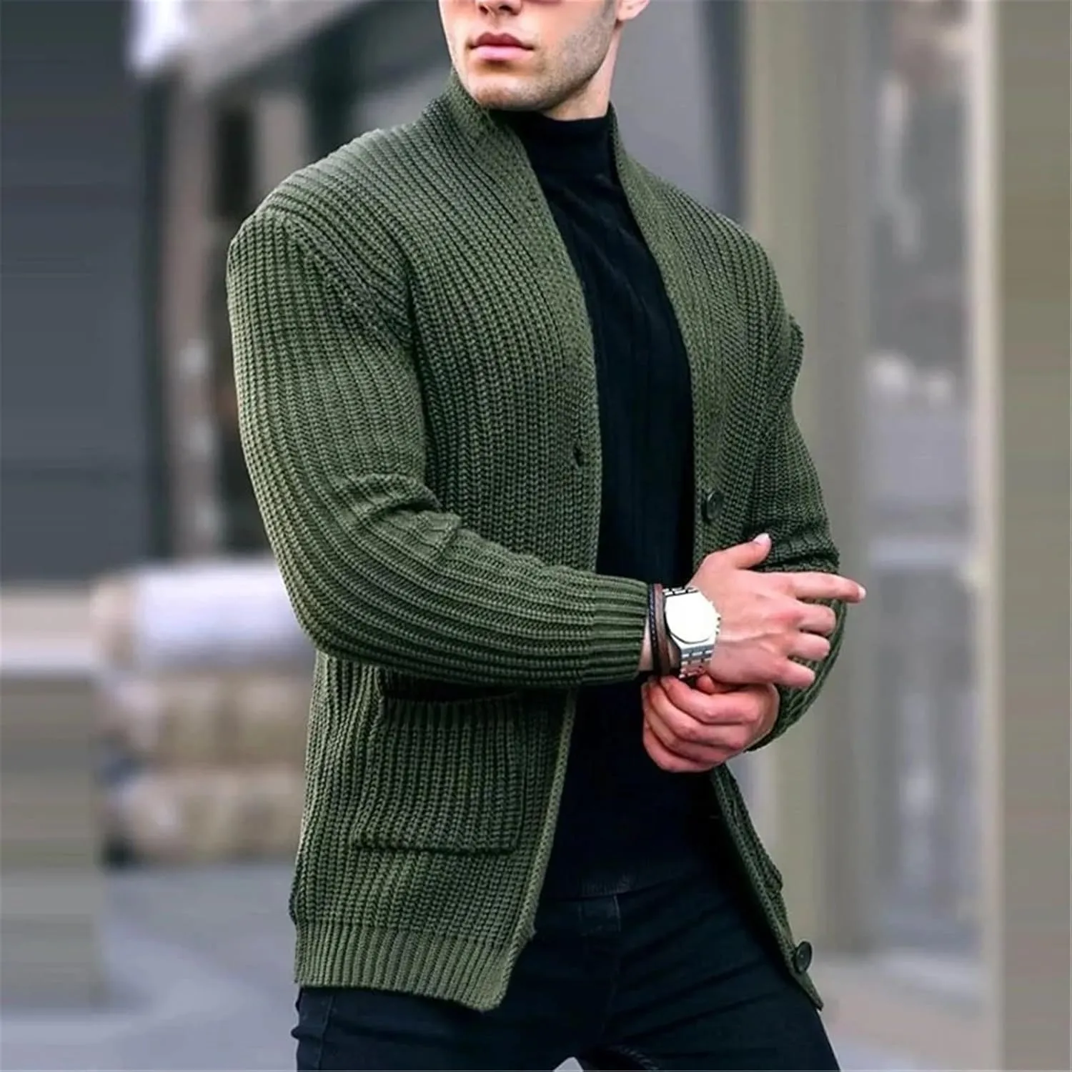 Men's Shawl Collar Cardigan Sweater Slim Fit Cable Knit Button Up Cardigan Sweater with Pockets Men Workout Outfits