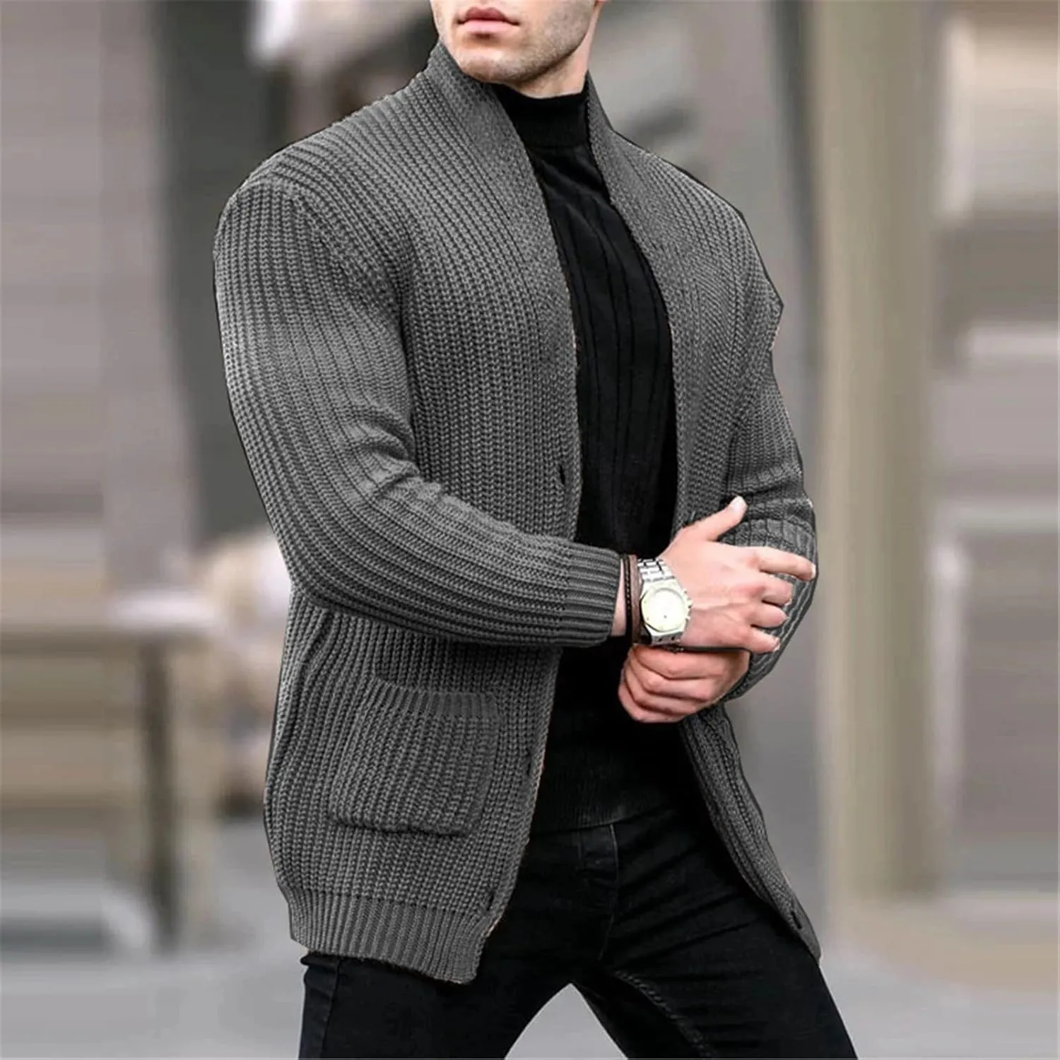 Men's Shawl Collar Cardigan Sweater Slim Fit Cable Knit Button Up Cardigan Sweater with Pockets Men Workout Outfits