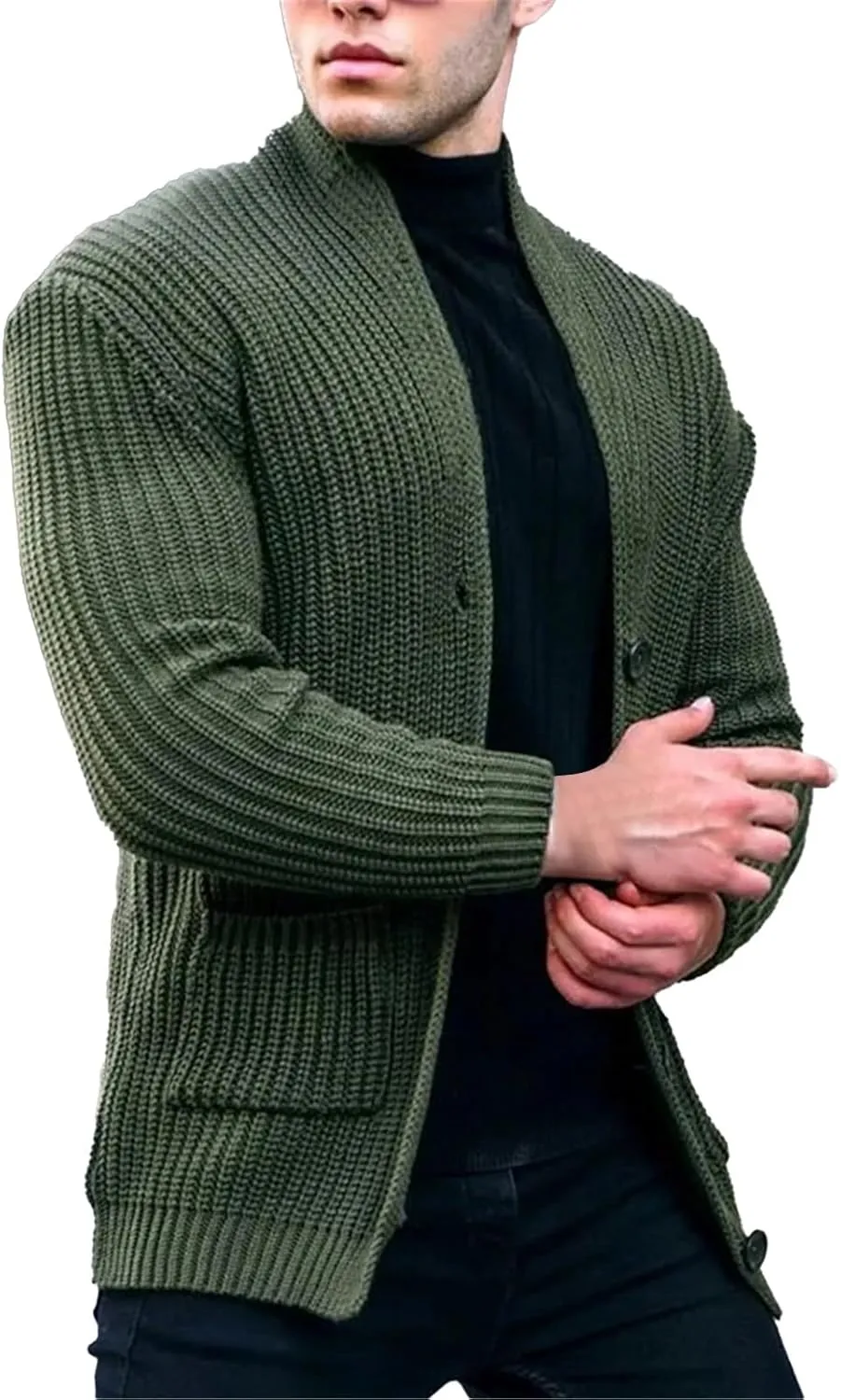 Men's Shawl Collar Cardigan Sweater Slim Fit Cable Knit Button Up Cardigan Sweater with Pockets Men Workout Outfits