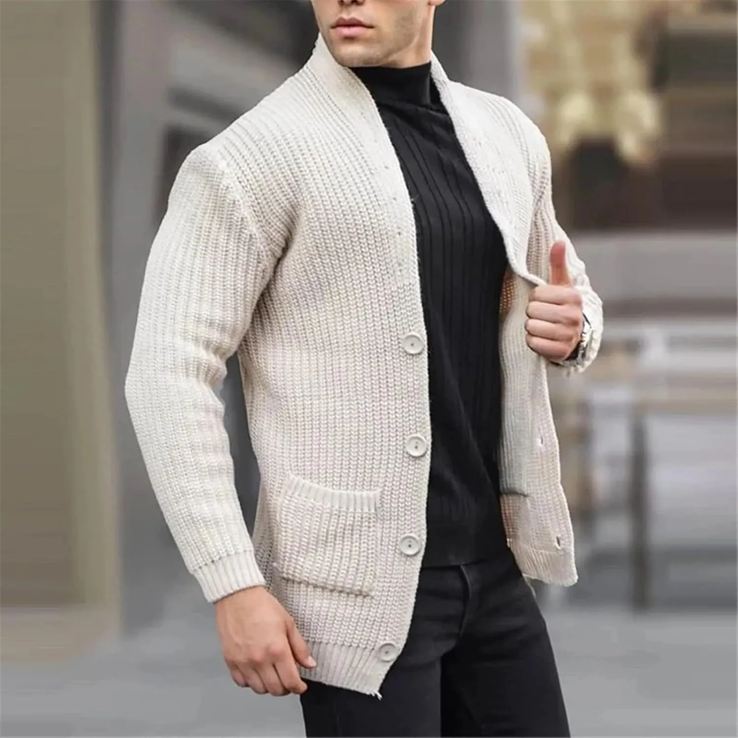 Men's Shawl Collar Cardigan Sweater Slim Fit Cable Knit Button Up Cardigan Sweater with Pockets Men Workout Outfits
