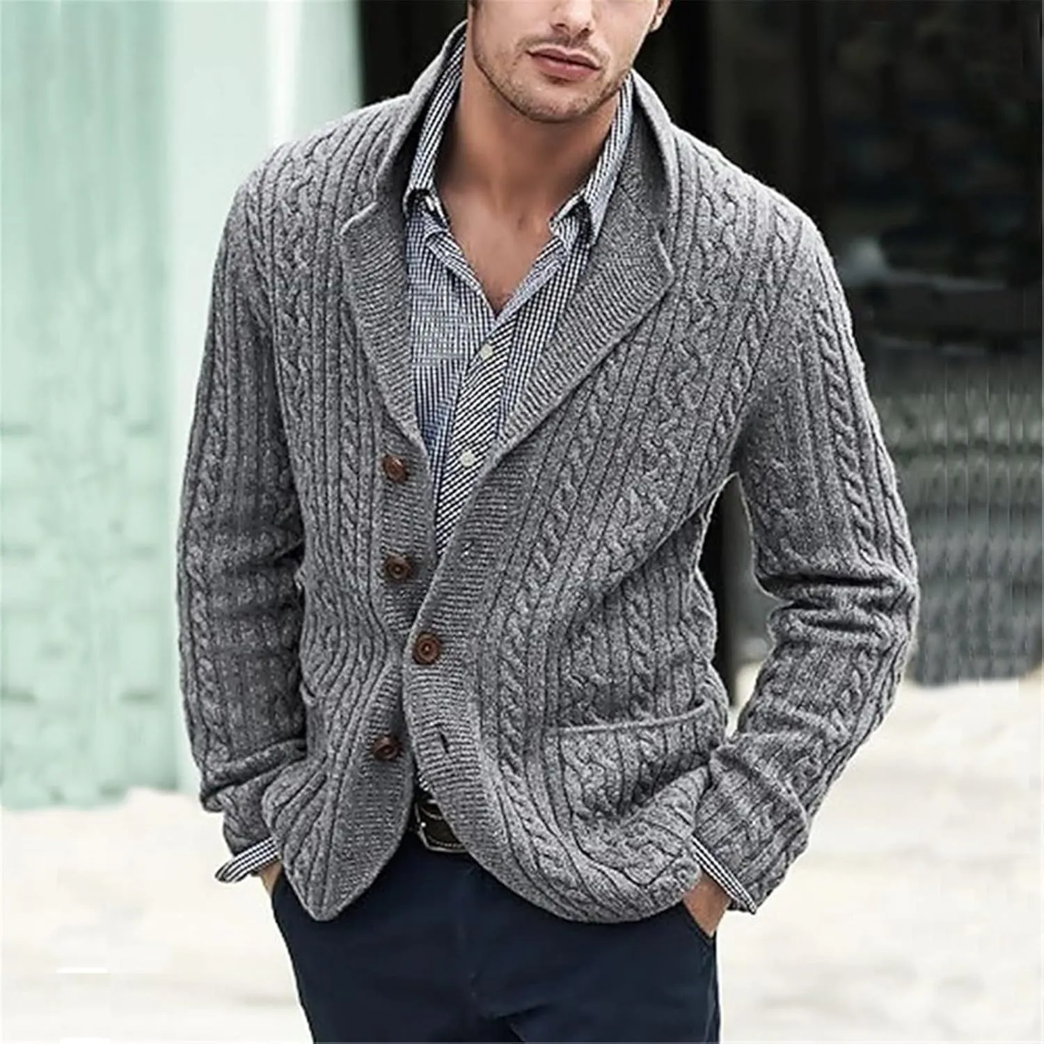 Men's Shawl Collar Cardigan Sweater Slim Fit Cable Knit Button Up Sweater with Pockets Men Workout Outfits