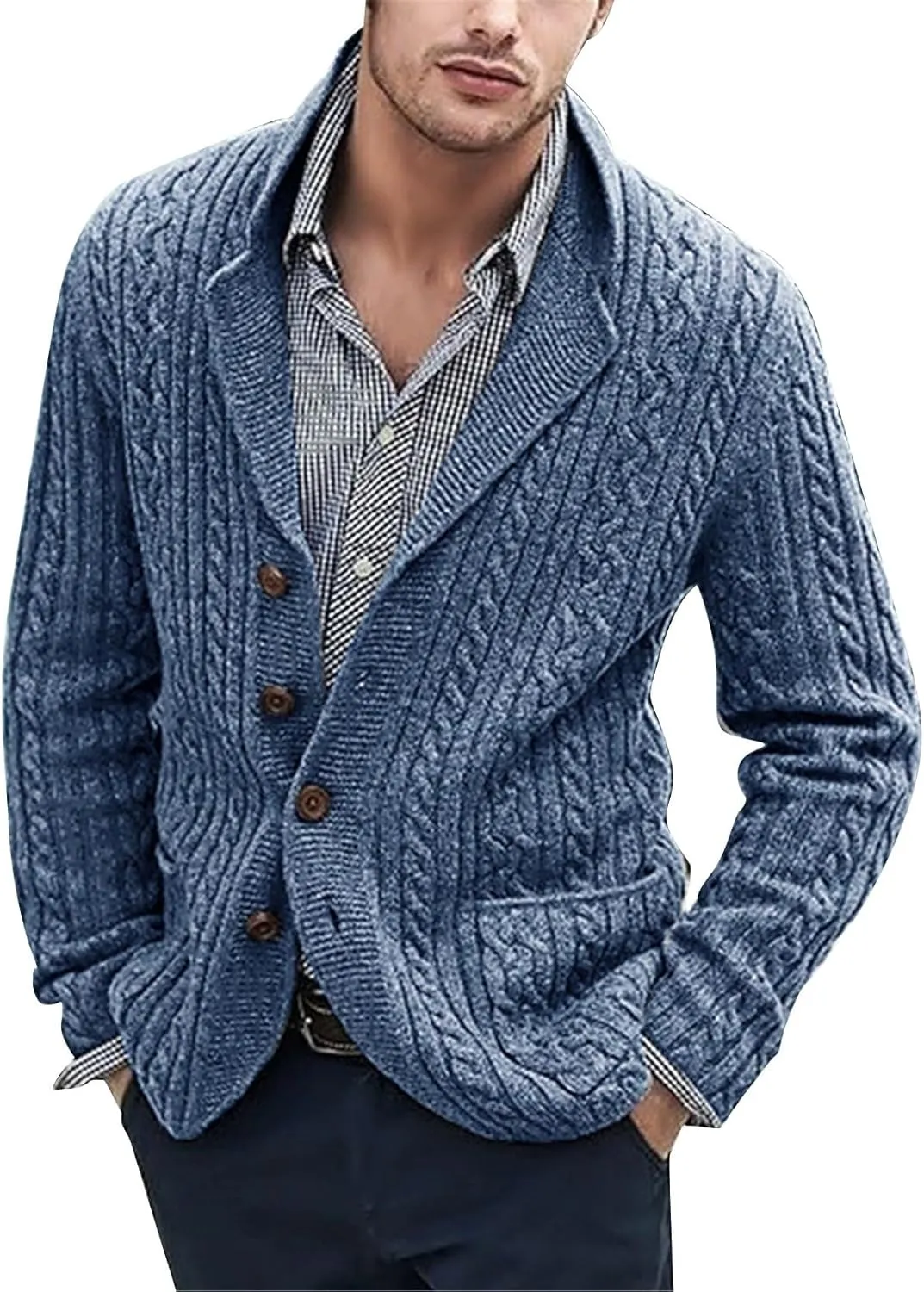 Men's Shawl Collar Cardigan Sweater Slim Fit Cable Knit Button Up Sweater with Pockets Men Workout Outfits