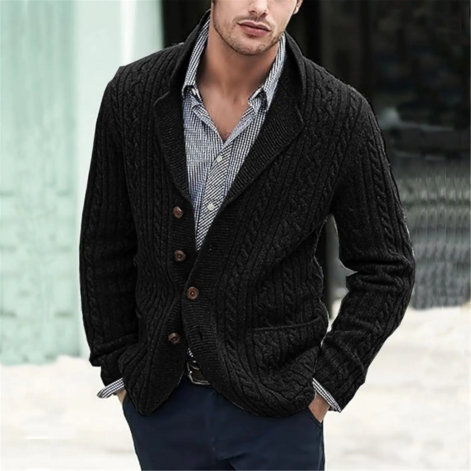 Men's Shawl Collar Cardigan Sweater Slim Fit Cable Knit Button Up Sweater with Pockets Men Workout Outfits