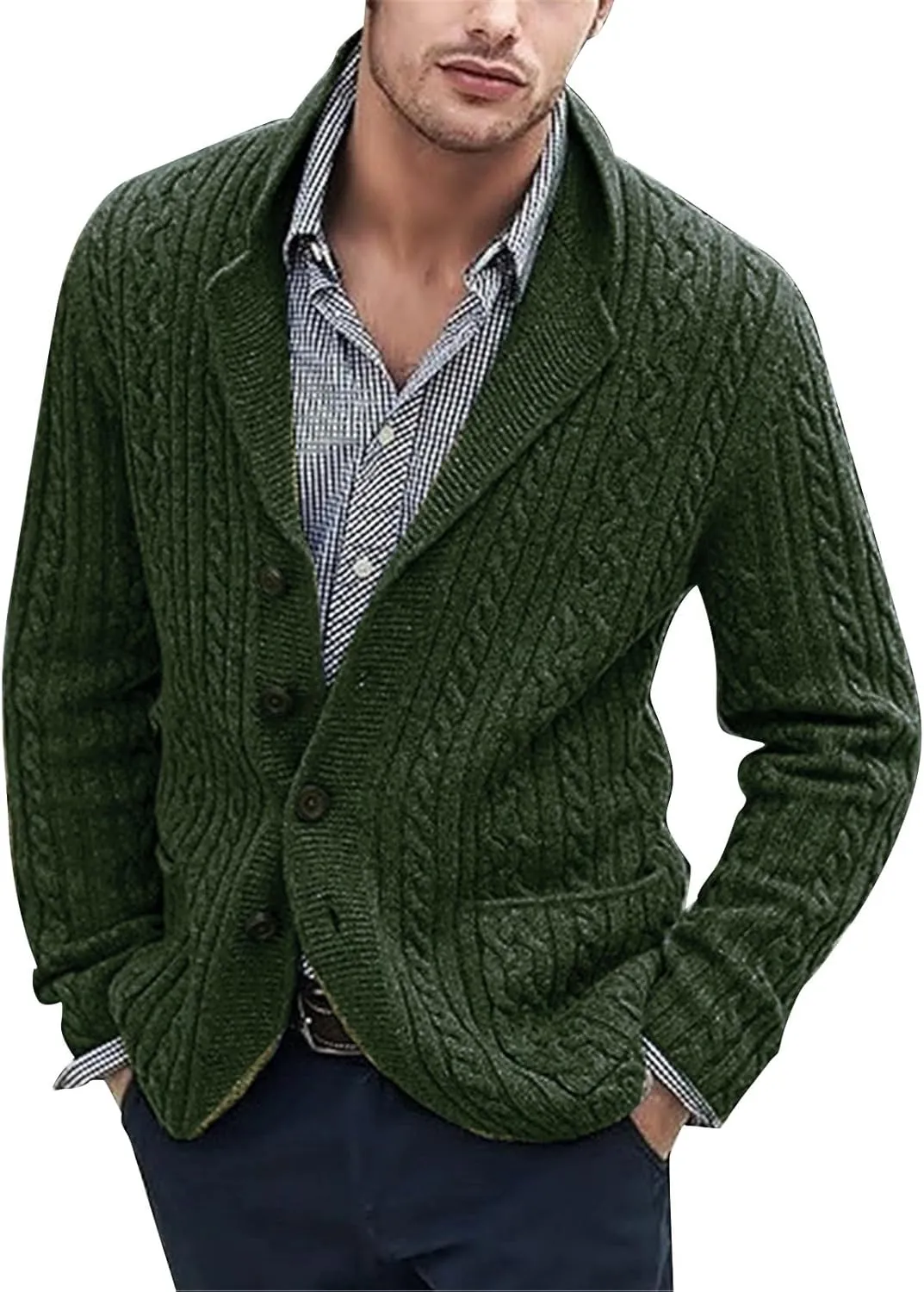 Men's Shawl Collar Cardigan Sweater Slim Fit Cable Knit Button Up Sweater with Pockets Men Workout Outfits