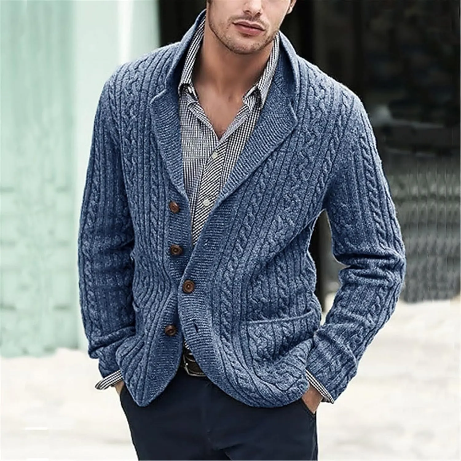 Men's Shawl Collar Cardigan Sweater Slim Fit Cable Knit Button Up Sweater with Pockets Men Workout Outfits