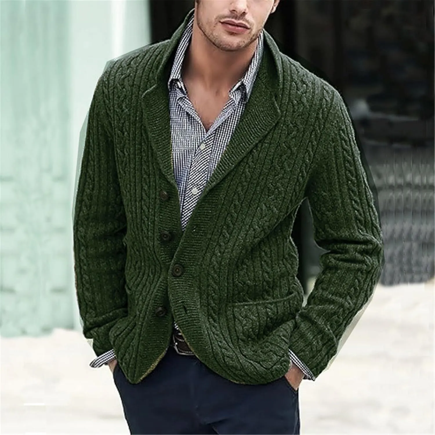 Men's Shawl Collar Cardigan Sweater Slim Fit Cable Knit Button Up Sweater with Pockets Men Workout Outfits