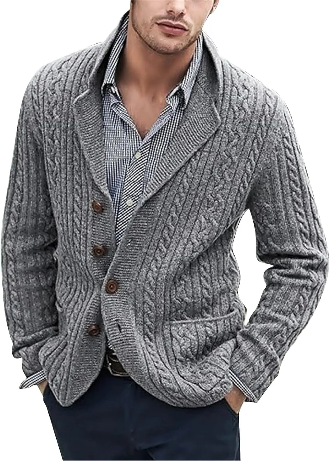 Men's Shawl Collar Cardigan Sweater Slim Fit Cable Knit Button Up Sweater with Pockets Men Workout Outfits