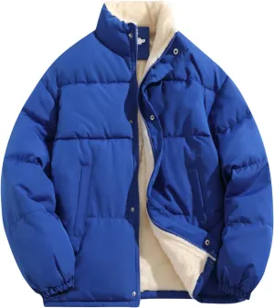Mens Sherpa Puffer Jacket Button Up Zipper Quilted Down Jacket Padded Insulated Puffer Coats Winter Jackets Outerwear