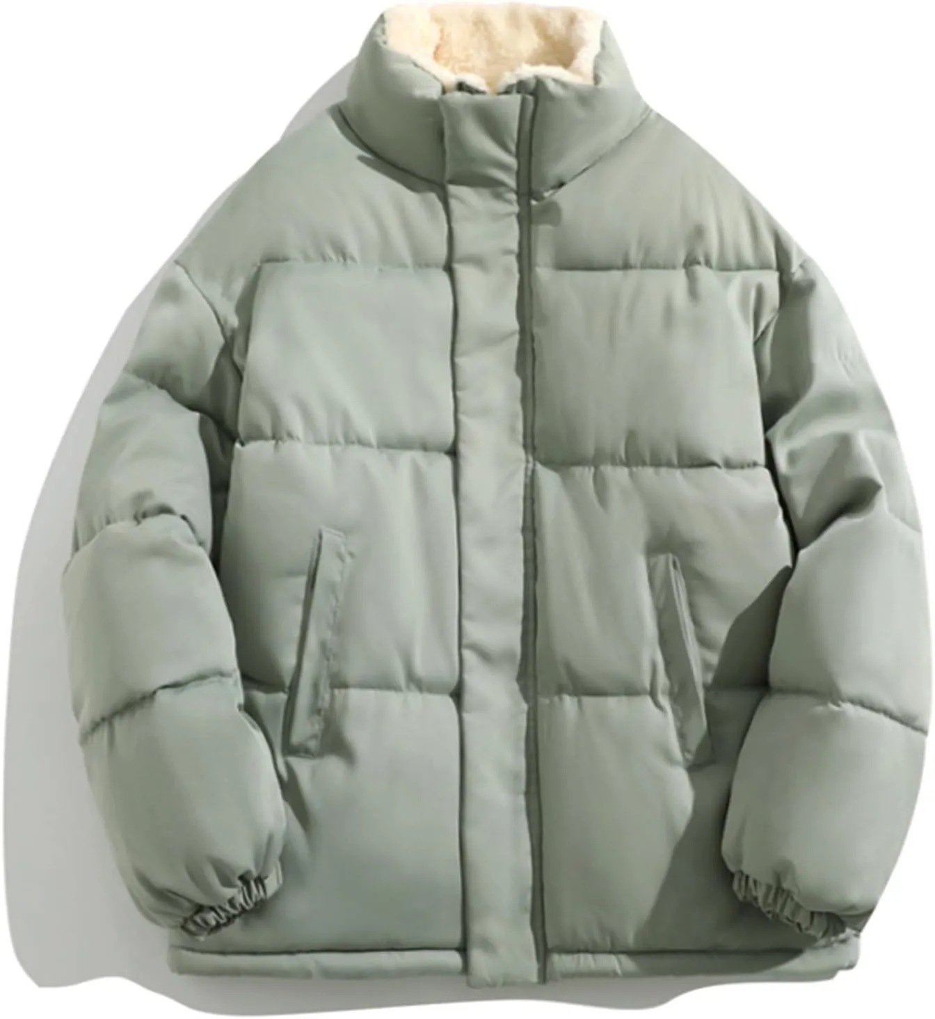 Mens Sherpa Puffer Jacket Button Up Zipper Quilted Down Jacket Padded Insulated Puffer Coats Winter Jackets Outerwear
