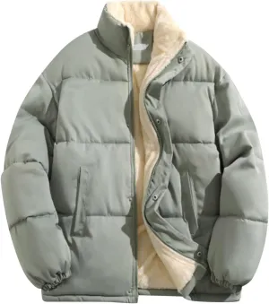 Mens Sherpa Puffer Jacket Button Up Zipper Quilted Down Jacket Padded Insulated Puffer Coats Winter Jackets Outerwear