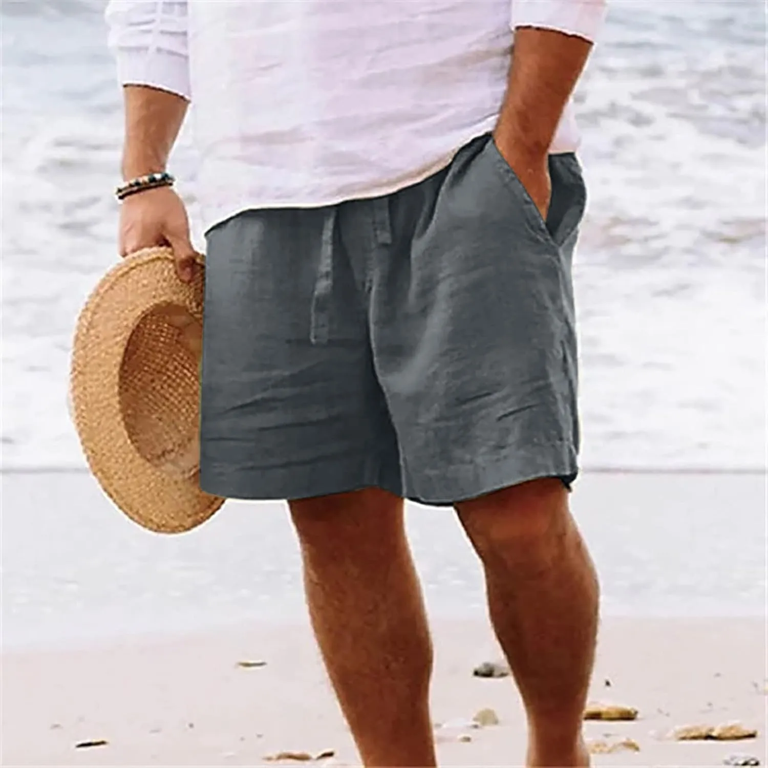 Mens Shorts Casual Cotton Linen Shorts Elastic Waist Drawstring Big and Tall Shorts Loose Fit Summer Beach Shorts Trendy