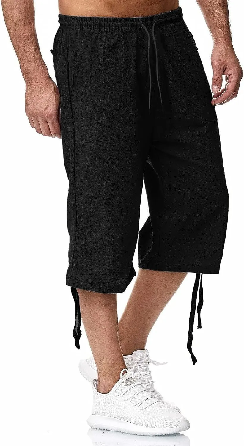 Mens Shorts Cotton Linen Beach Yoga Pants Below Knee Length Casual Loose Fit Canvas Utility Hiker Shorts