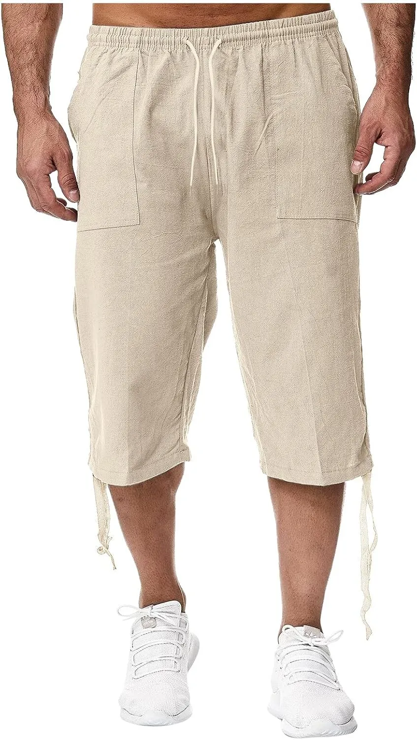Mens Shorts Cotton Linen Beach Yoga Pants Below Knee Length Casual Loose Fit Canvas Utility Hiker Shorts