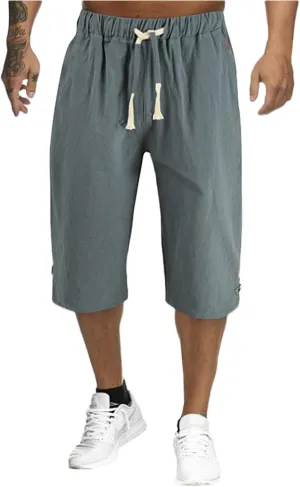 Mens Shorts Cotton Linen Beach Yoga Pants Below Knee Length Casual Loose Fit Canvas Utility Hiker Shorts