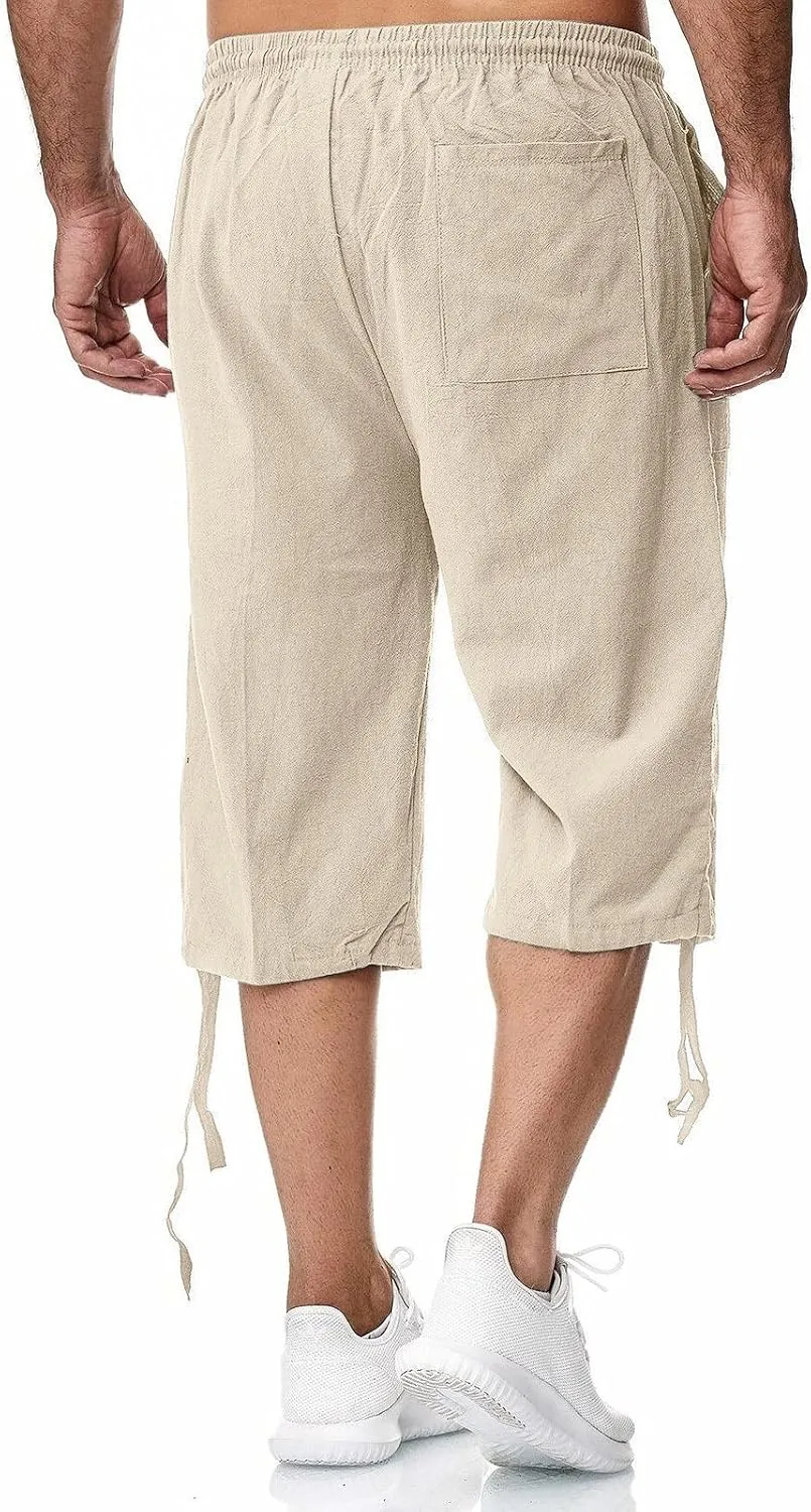 Mens Shorts Cotton Linen Beach Yoga Pants Below Knee Length Casual Loose Fit Canvas Utility Hiker Shorts
