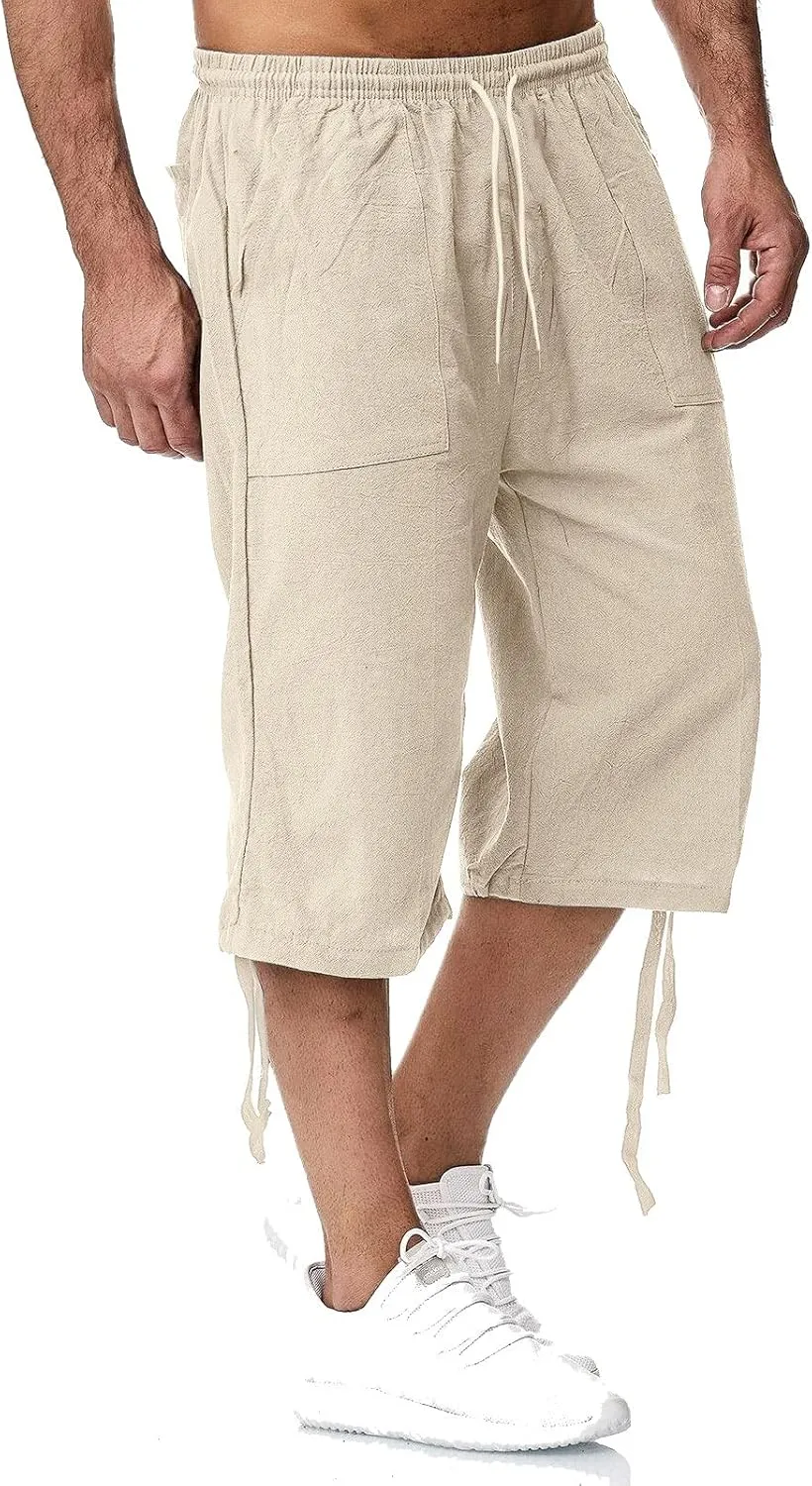 Mens Shorts Cotton Linen Beach Yoga Pants Below Knee Length Casual Loose Fit Canvas Utility Hiker Shorts